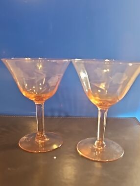 Set Of Two Dression Glass Pink Etched Cocktail Glasses